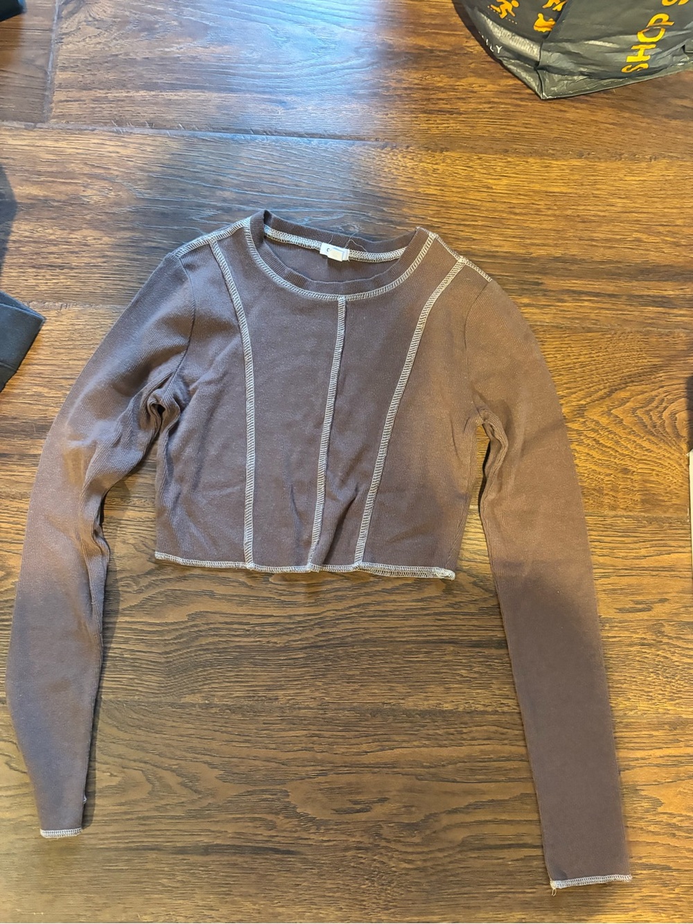 Garage Brown Long-Sleeve Cropped Top with Contrast Seams